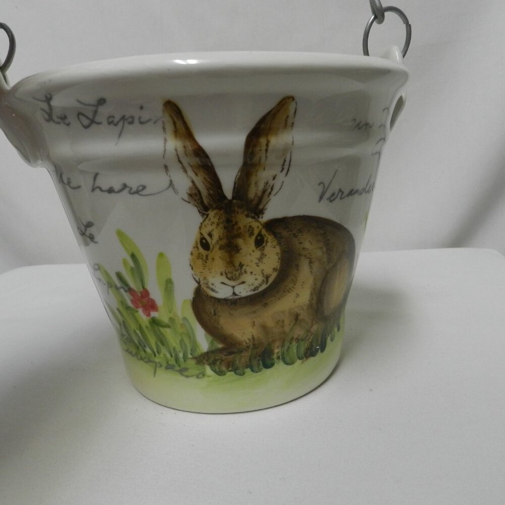 Maxcera  Postcard Bunny Rabbit Vintage Bucket w/Wood Handle Ceramic Easter 6 x 8
